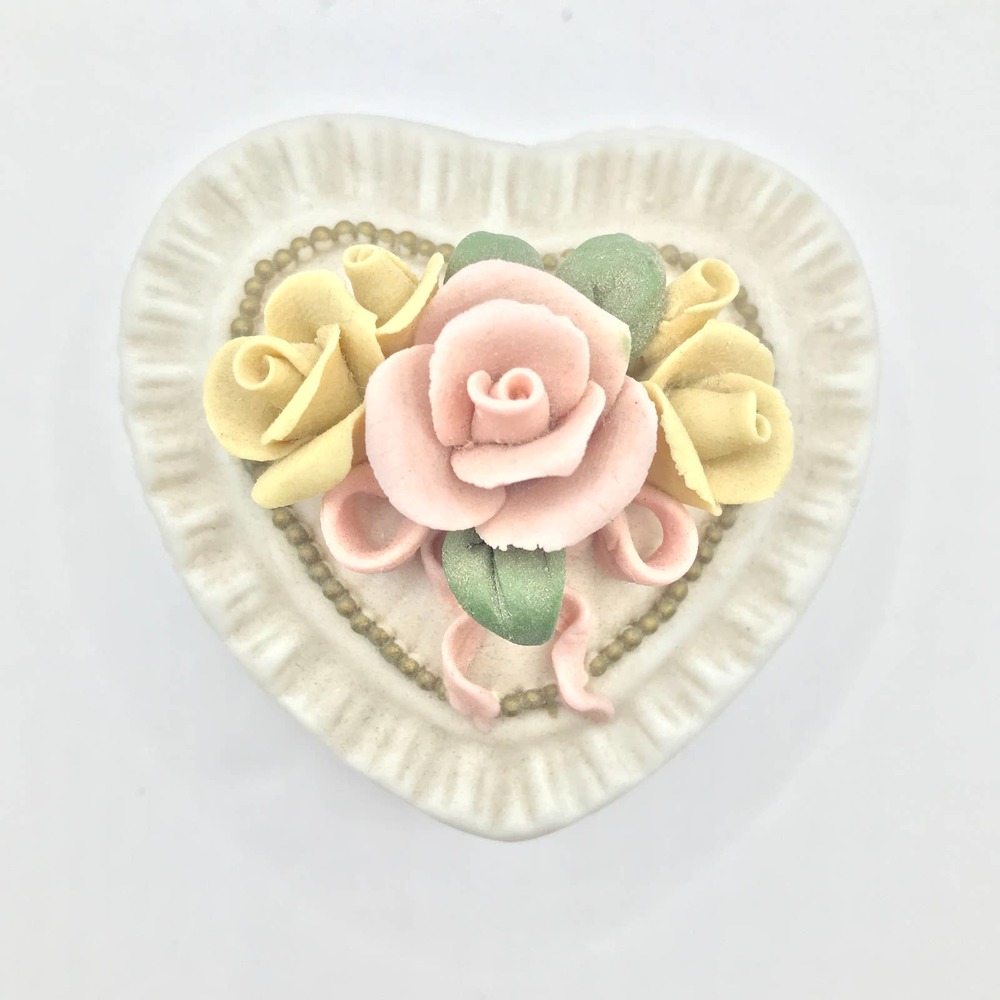 Porcelain Bisque Heart Trinket Box With Roses 2.5 “x 2.5” Excellent